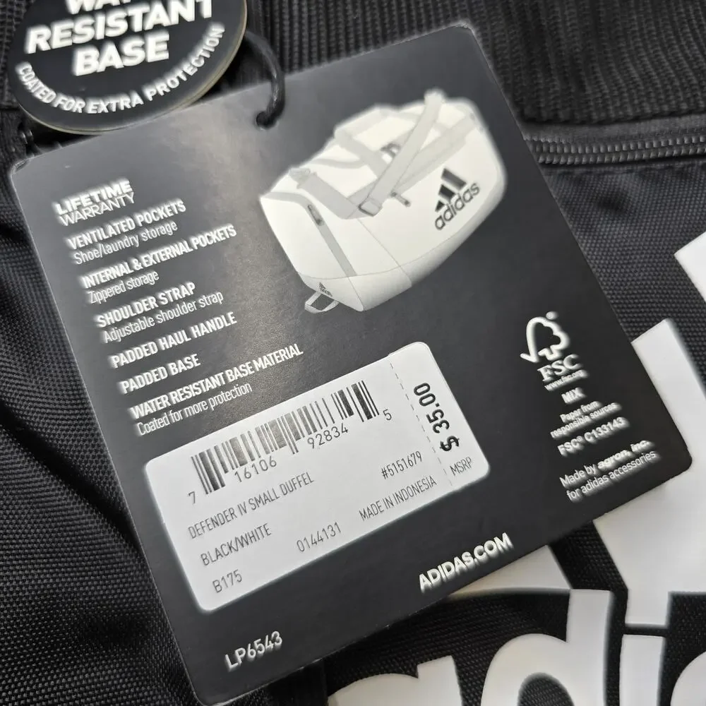Adidas Defender IV Small Duffel Bag Unisex Black White Gym Travel NWT